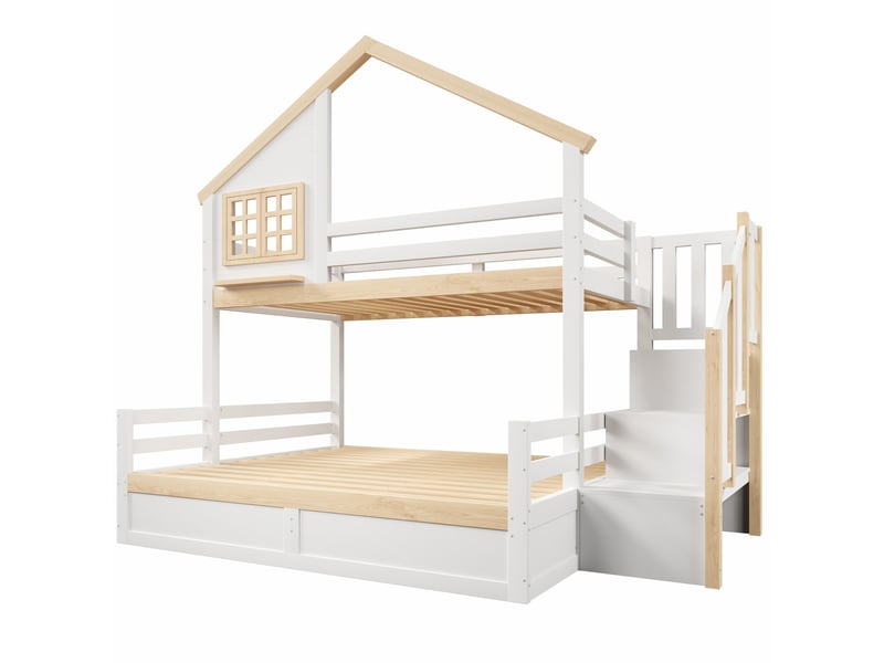  Lit superposé 90 x 200 cm fonction hydraulique barrière de lit échelle de rangement décor fenêtre maison blanc et naturel  - Conforama A
