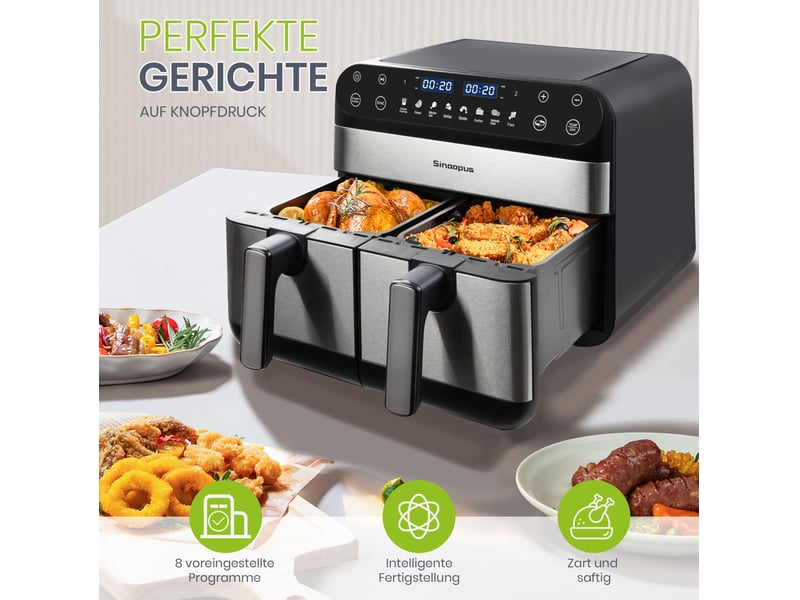  Friteuse à air 10l 40,5x30,7x38,5 cm double zone avec écran tactile led 8 fonctions noir  - Conforama C