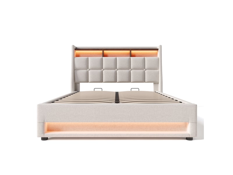 Lit 140x200 cm en tissu lin, cadre métallique, tête de lit led, sommier et matelas inclus - Conforama A