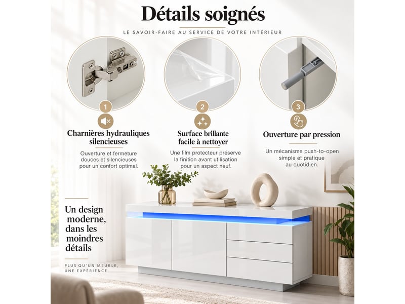  Buffet 140x35x72,5 cm avec led rgb, 2 portes, 3 tiroirs, commande app, haute brillance, blanc  - Conforama E