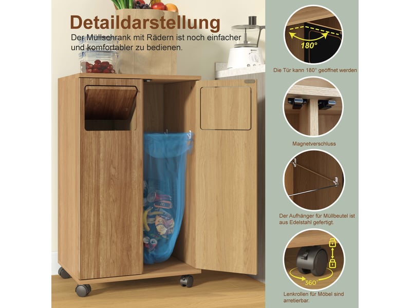  Meuble de tri des déchets 46,7 x 35 x 80 cm – naturel – 2 portes, roulettes et compartiments  - Conforama E