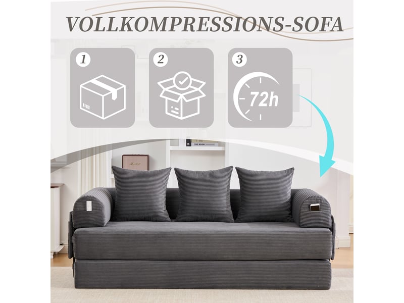  Canapé d'angle 2 places en velours côtelé gris foncé avec rangement latéral et 3 coussins inclus  - Conforama W