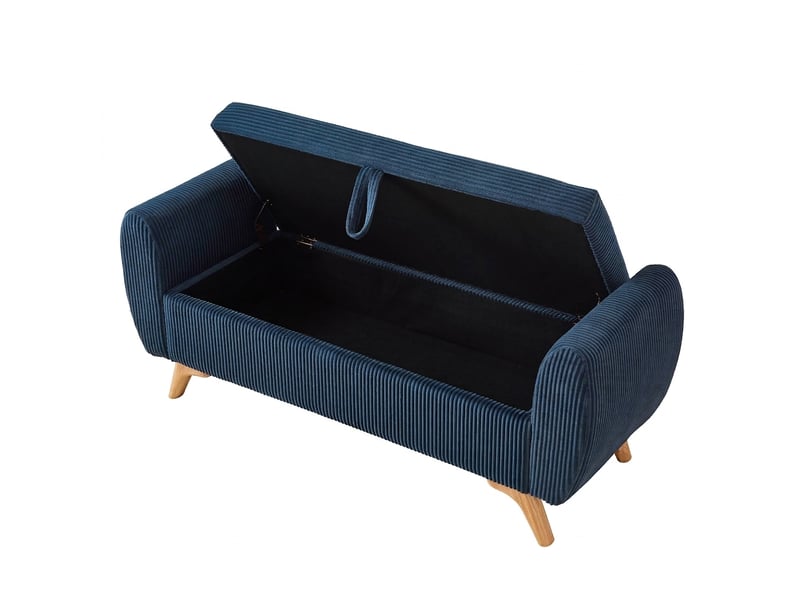  Banc de rangement bleu 145 cm en velours côtelé avec coffre pliable et pieds en bois  - Conforama A