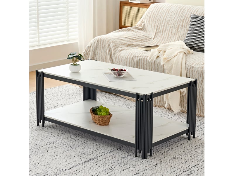  Table basse rectangulaire 114x63,5x46,3 cm 2 niveaux effet marbre blanc et noir  - Conforama B