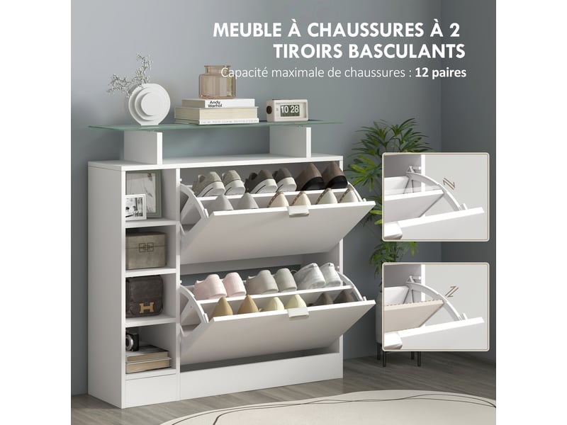  Meuble à chaussures avec 2 tiroirs rabattables 12 paires, plateau en verre et étagères réglables, 89 x 25 x 92 cm, blanc  - Conforama E