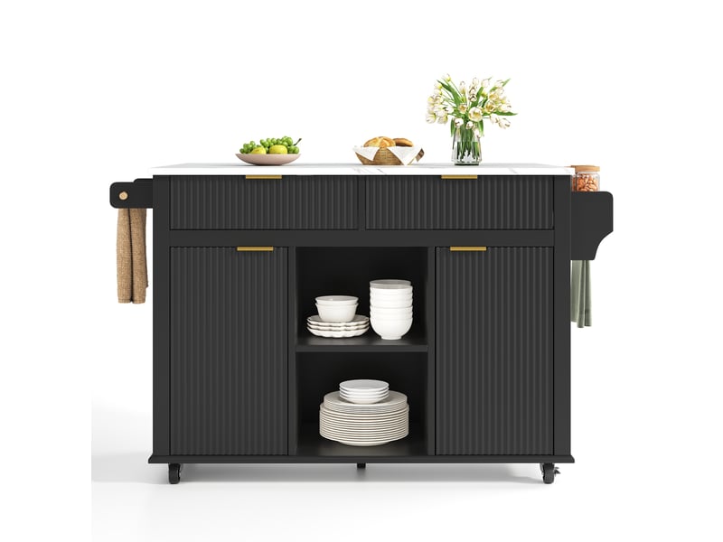  Desserte de cuisine à roulettes 143 x 4569 cm, 2 tiroirs et plateau pliant noir  - Conforama A