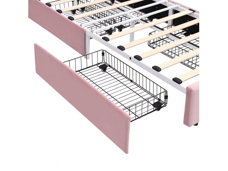 Lit enfant 90x200 cm lit rembourré avec 4 tiroirs et led via application, velours rose, sans matelas - Conforama R