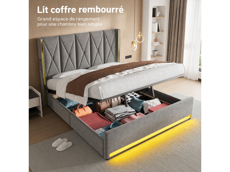  Lit coffre 180x200 en velours gris foncé, tête de lit haute capitonnée, ouverture hydraulique, usb, usb-c et led  - Conforama B