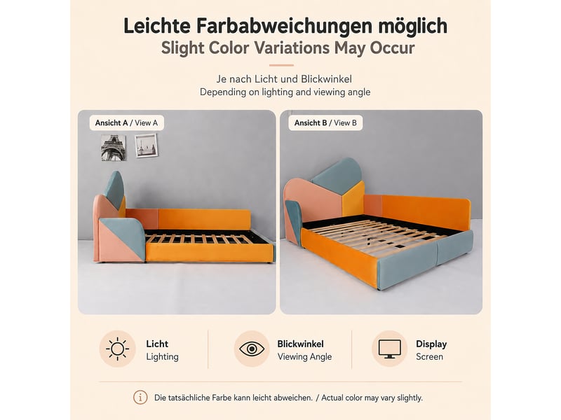  Lit enfant capitonné 140x200cm - design patchwork multicolore - barrières sécurité - velours - bleu et rose et jaune CozyNest - Conforama E