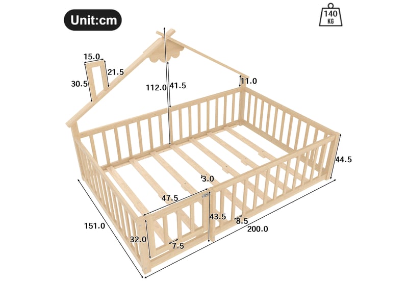 Lit enfant cabane 140x190 cm avec barrières verrouillables, pin et mdf naturel - Conforama E
