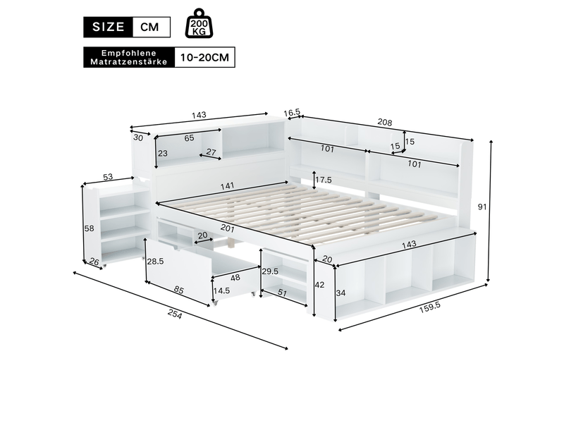 Lit enfant 140x200, multifonctionnalité lit enfant, rangement intégré, structure robuste, design épuré - Conforama C