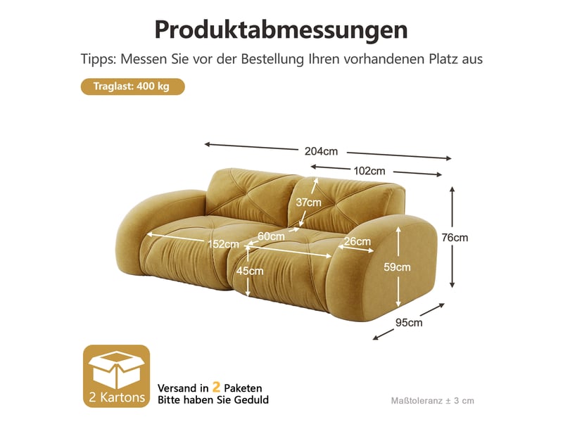 Canapé droit en tissu jaune, 2 places, 204 cm, sans structure rigide W3325S00342 - Conforama C