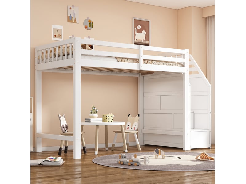  Modenvie lit mezzanine enfant 90x200 cm - avec rangement intégré, avec sommier inclus, sans matelas - blanc  - Conforama E