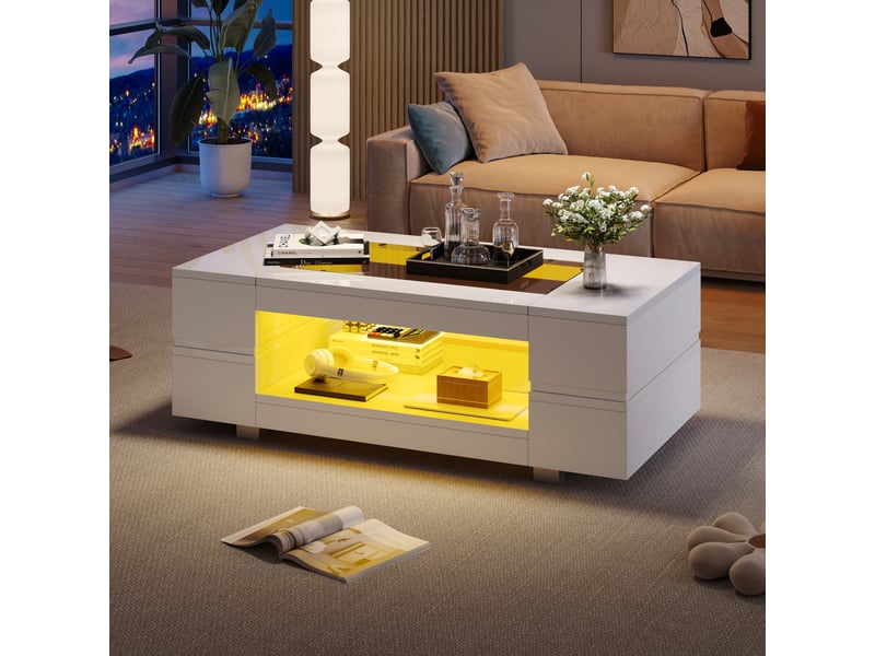  Table basse led blanche avec contrôle par application bluetooth, plateau en verre trempé, table de salon moderne 100x50x35 cm  - Conforama E