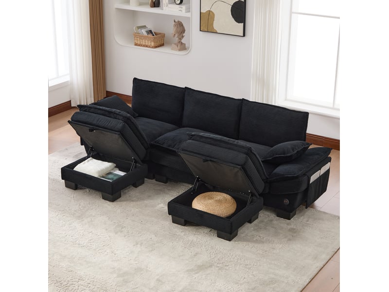  Canapé droit modulaire 3 places en velours côtelé noir avec 2 poufs de rangement, usb-c et poches latérales  - Conforama E