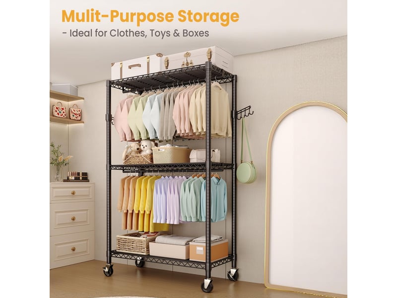  Portant à vêtements robuste 3 niveaux sur roulettes – étagères réglables,  rangement vertical pour chambre, dressing, buanderie PHK_36P9TEPX - Conforama E