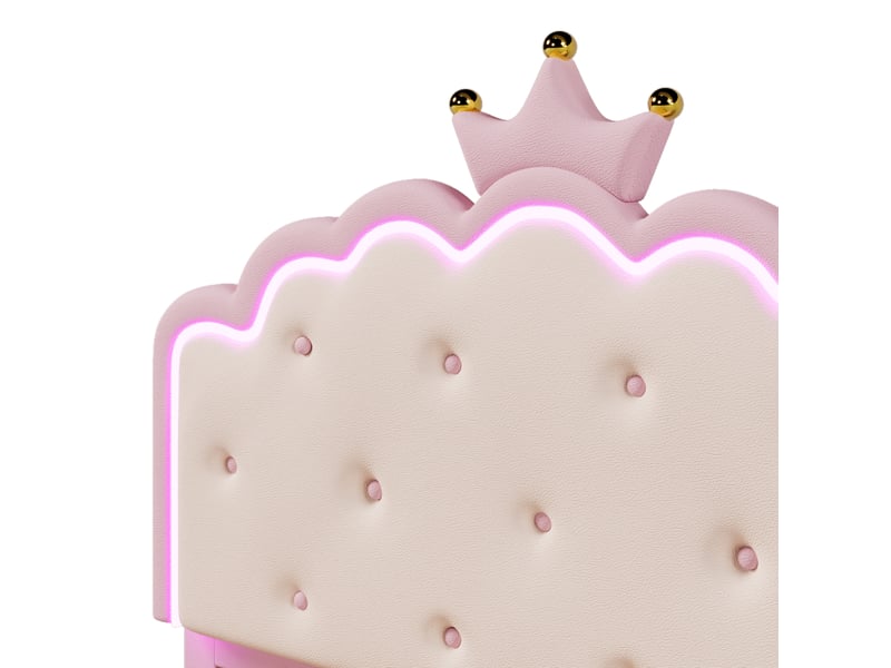  Lit enfant capitonné 140x200 cm avec lit gigogne 90x188 cm, 2 tiroirs et lumière d'ambiance, pu, ​​rose, sans matelas  - Conforama W