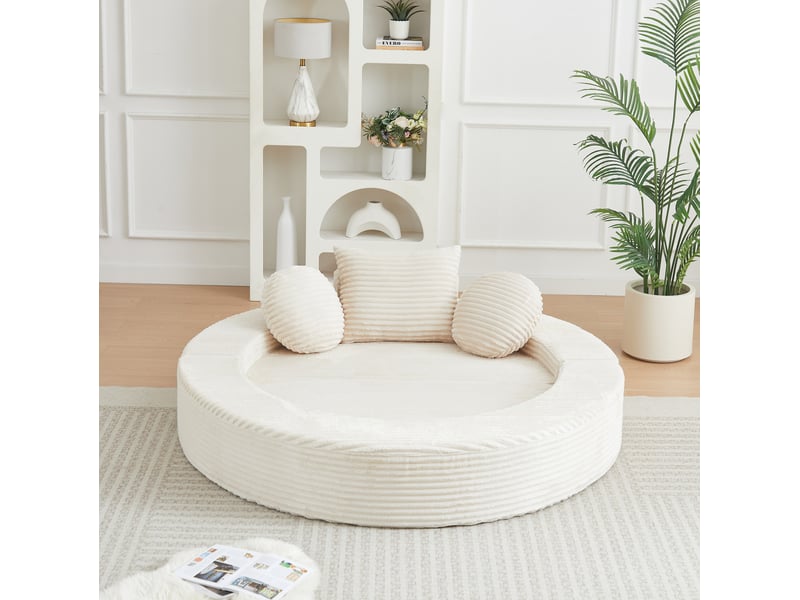 Canapé convertible 4 en 1 en mousse, modulable en canapé semi-circulaire et lit de jour rond en velours côtelé beige - Conforama E