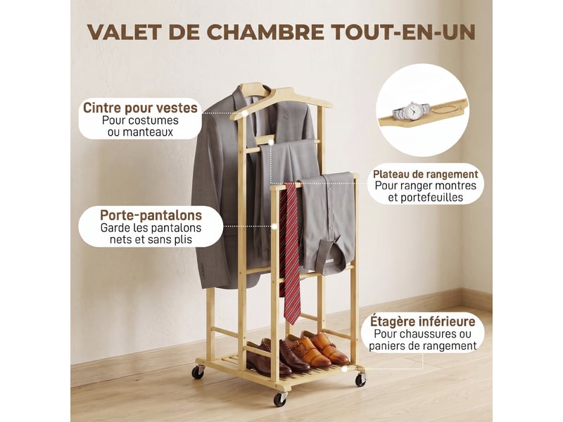 Valet de chambre à roulettes, portant à vêtements en bambou, cintres, barres de suspension, chêne, plateau et étagère - Conforama E