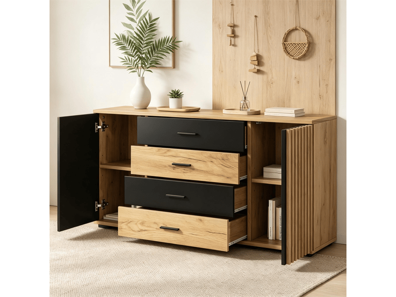 Buffet 140x35x70 cm chêne et noir, meuble de rangement 4 tiroirs 2 portes  - Conforama E