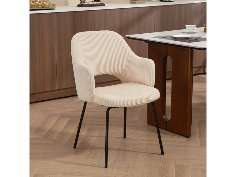  Chaise de salle à manger avec accoudoirs, forme enveloppante  - pieds en acier réglables, velours côtelé beige  - Conforama B