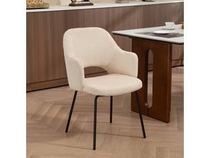 Chaise de salle à manger avec accoudoirs, forme enveloppante - pieds en acier réglables, velours côtelé beige