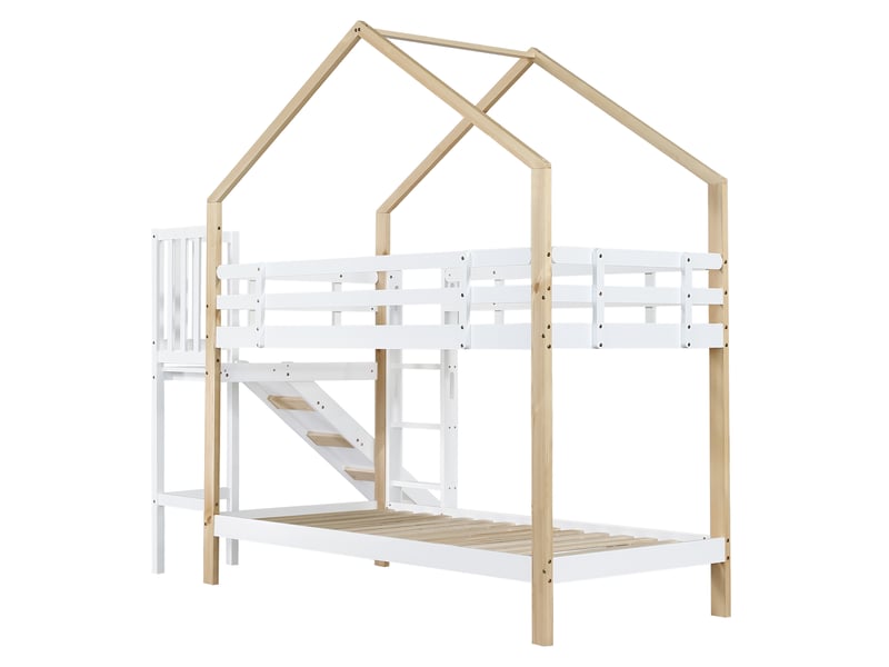  Lit superposé avec toboggan et échelle inclinée à trois marches, lit cabane avec barrière de sécurité, lit enfant, cadre de lit en bois massif, blanc + naturel, 90x200cm [30955960naa]  - Conforama E