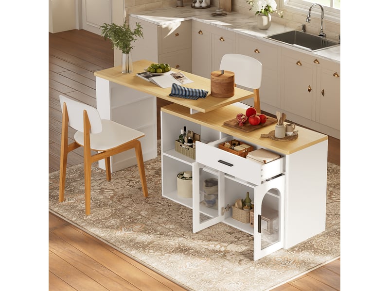  Îlot de cuisine fixe 136 x 50 cm, plateau pivotant à 360°, mdf blanc  - Conforama B