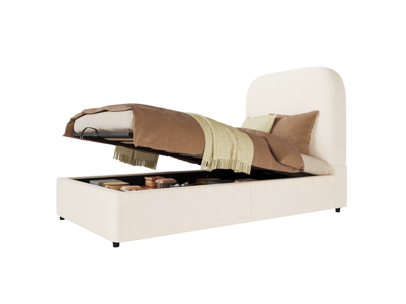  Lit coffre enfant 90x200 cm beige, tissu bouclé, sommier relevable hydraulique, tête de lit rembourrée 9,5 cm, sommier à lattes inclus  - Conforama A