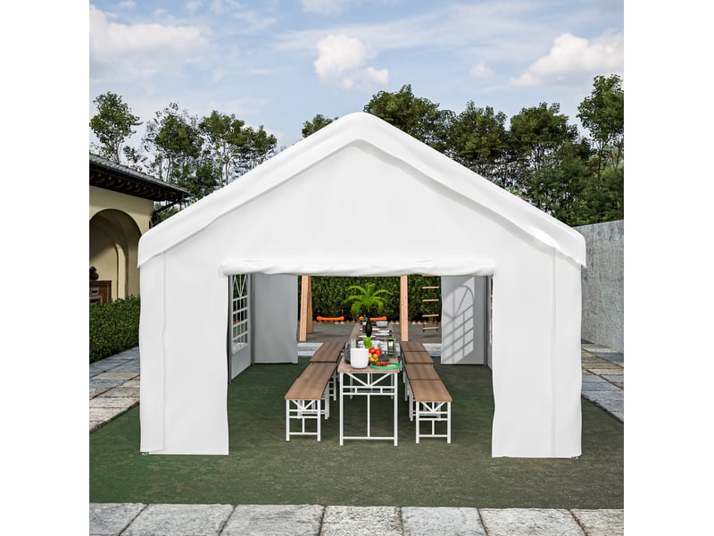  Garage automobile 4 x 6 m blanc avec portes enroulables avant et arrière, abri pe à structure en acier renforcée  - Conforama E