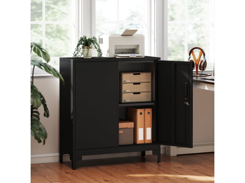  Armoire de bureau en métal, portes verrouillables, commode, modèle à 2 niveaux, noire  - Conforama C