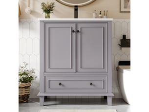 Meuble vasque gris 76 cm avec lavabo céramique intégré et pieds bois massif