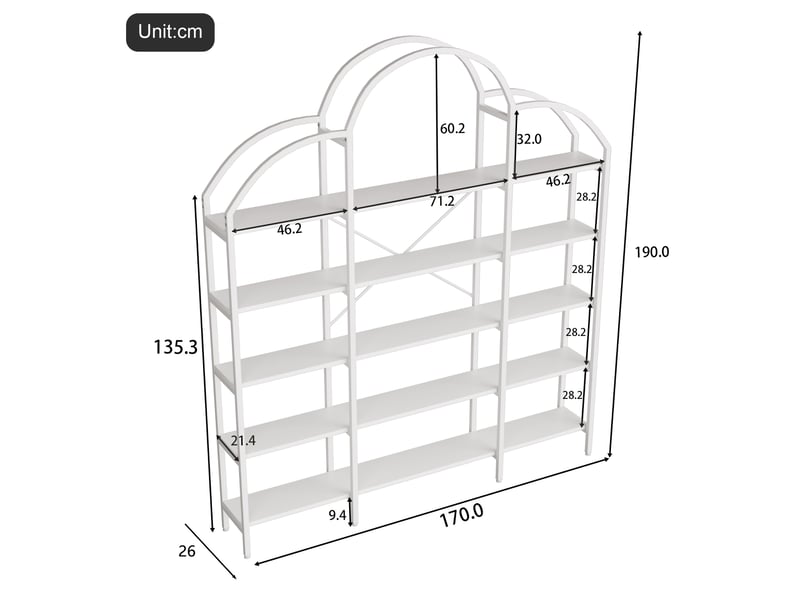  Bibliothèque 170x26x190 cm, 5 niveaux, meuble de bureau, structure stable, meuble bureau et salon, mdf et métal, blanc  - Conforama C
