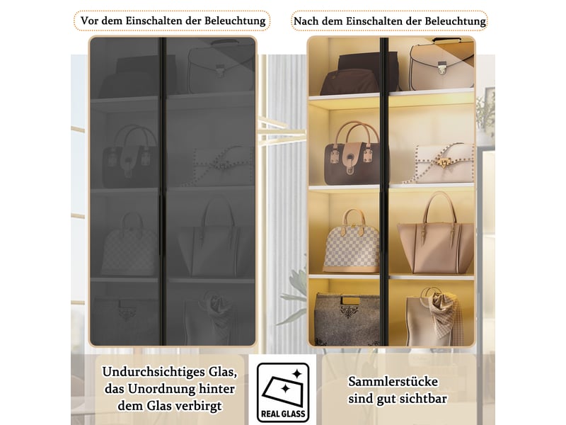  Vitrine en verre avec éclairage led, bibliothèque blanche avec portes en verre et 2 tiroirs, meuble vitrine 60x40x160 cm.  - Conforama W