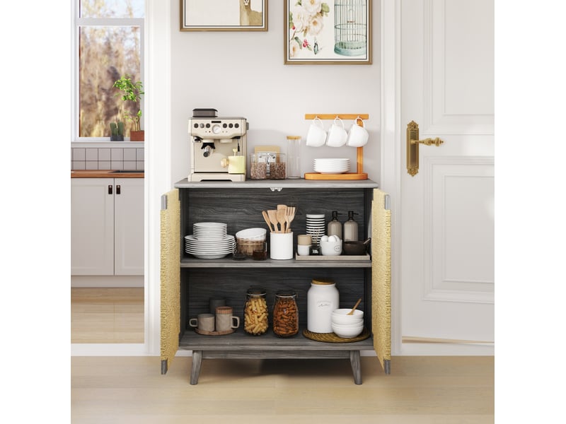  Buffet 2 portes 79x39.5x78 cm aspect frêne gris et papier tressé  - Conforama W