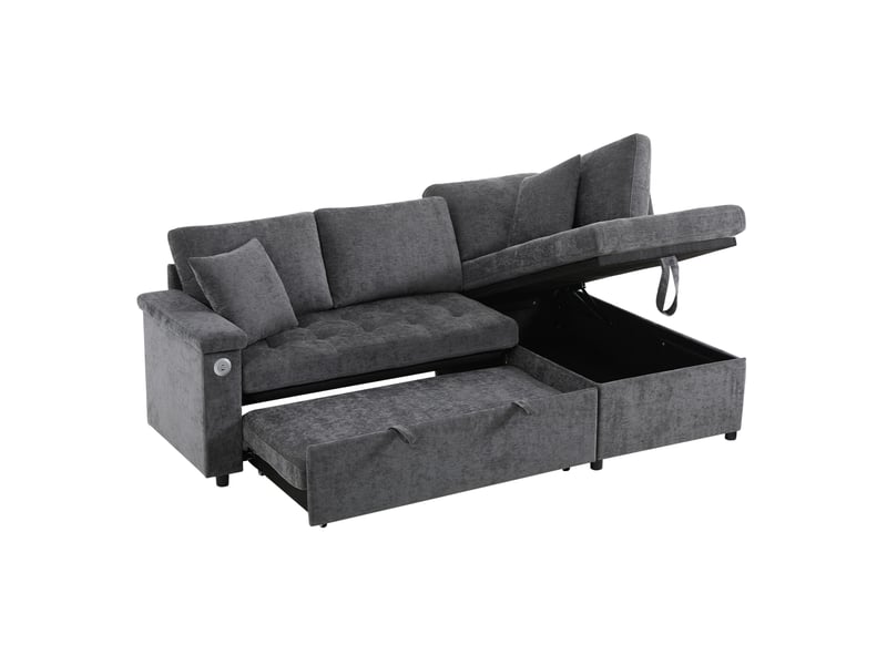  Canapé d'angle droit convertible 209x130 cm – gris foncé – rangement, usb, porte-gobelet et 2 coussins  - Conforama A