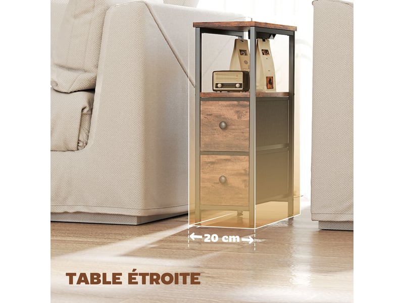  Table d'appoint avec station de charge, table de salon étroite avec 2 tiroirs en tissu, brun rustique, étagère ouverte  - Conforama W