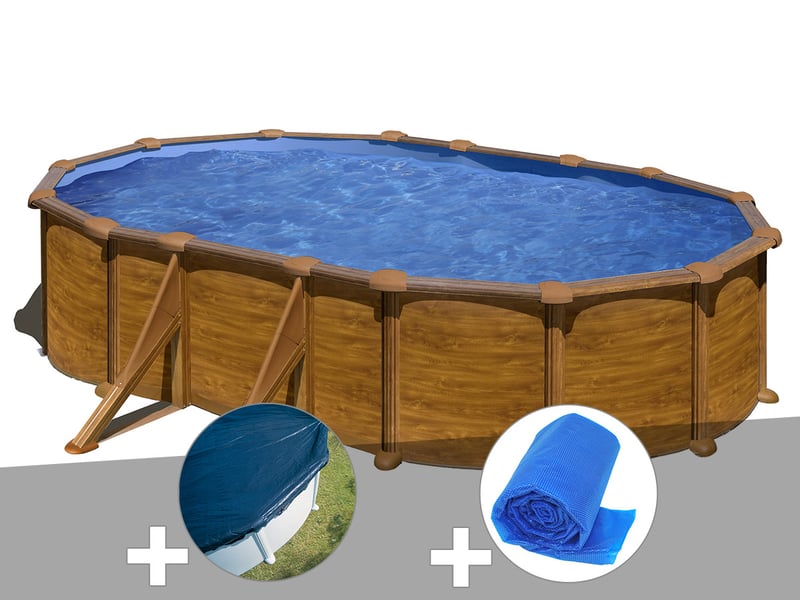 Kit piscine acier aspect bois gré mauritius ovale 6,34 x 3,99 x 1,32 m + bâche hiver + bâche à bulles - Conforama A