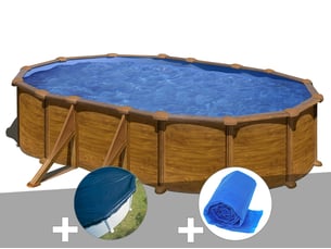 Kit piscine acier aspect bois gré mauritius ovale 6,34 x 3,99 x 1,32 m + bâche hiver + bâche à bulles