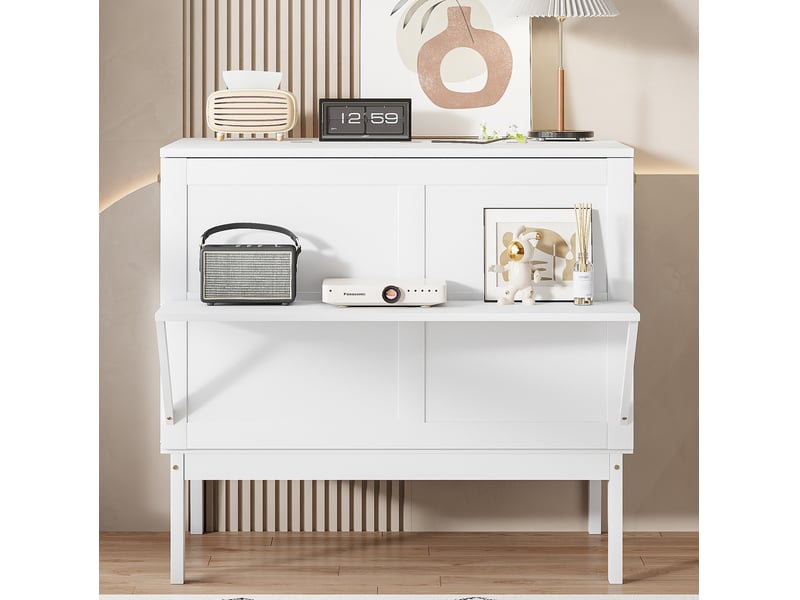  Lit escamotable vertical 90x200 cm avec sommier à lattes bois mdf métal blanc sans matelas  - Conforama E