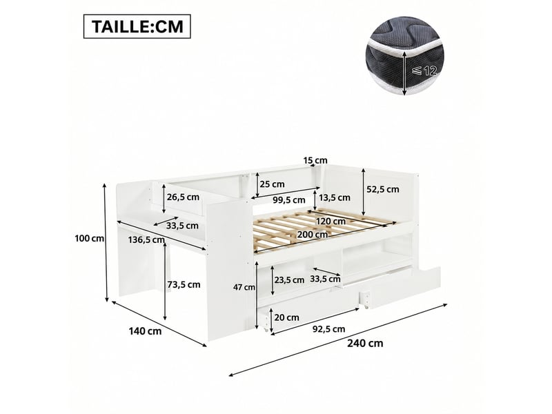  Lit blanc 120 x 200 cm avec bureau intégré, placard et 2 tiroirs  - Conforama C