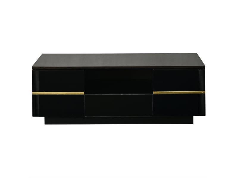  Table basse 100 x 50 x 35,5 cm noire en mdf, led, 2 portes, tiroir, rangement ouvert, accents dorés  - Conforama D