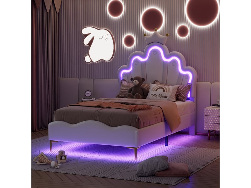  Lit enfant 90x200 cm en simili cuir blanc avec couronne et nuages, bandeau led réglable et hauteur ajustable.  - Conforama E