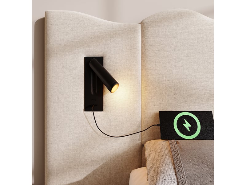 Lit coffre 160 × 200 cm 2 places avec lampe de lecture, usb et type-c, matelas inclus, en lin, beige - Conforama E