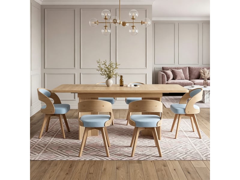  Ensemble table extensible 120-160 cm chêne clairnoyer + 6 chaises bois à assises pivotantes, coussin coton-lin bleu, pieds v rainurés  - Conforama D