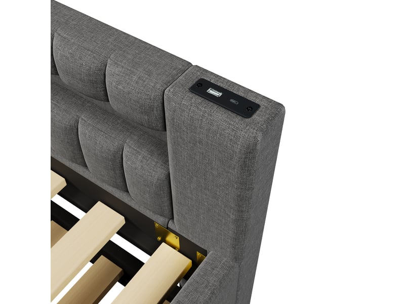  Lit banquette 90x200 gris avec lit gigogne - éclairage led intégré, ports usbtype-c, revêtement lin  - Conforama W