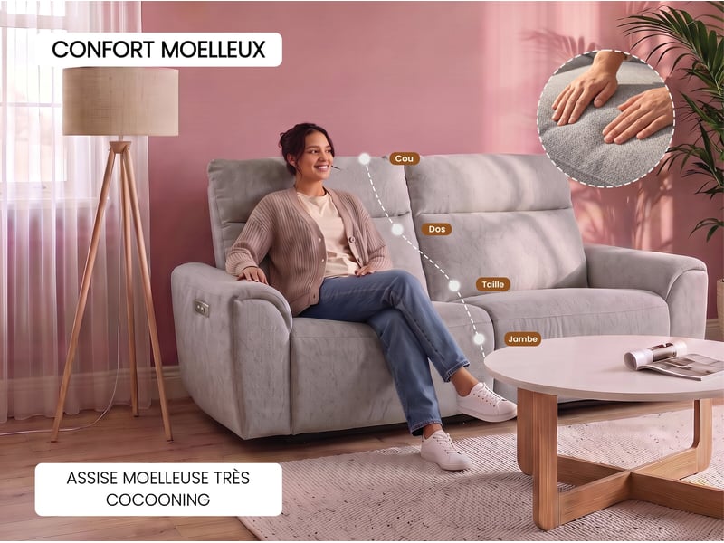 Canape droit relax électrique beige 3 pl LOANE - Conforama I