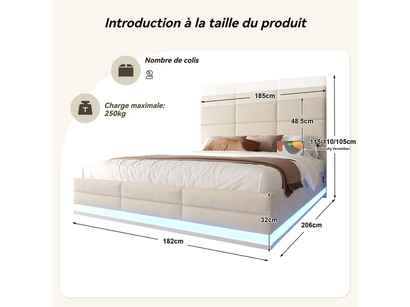 Lit coffre 180×200 cm, revêtu velours, tête de lit réglable en hauteur, avec led et ports usb, sans matelas, beige - Conforama W