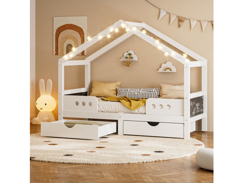  Lit cabane enfant 90x200 cm, sommier, bois coloris blanc, tableau noir, 2 tiroirs, toit design, sans matelas  - Conforama D