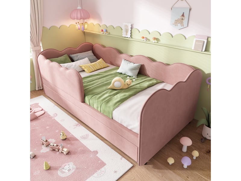  Lit gigogne enfant 90 × 190 cm 1 place avec barrière amovible et lit tiroir, sans matelas, en velours, rose  - Conforama C